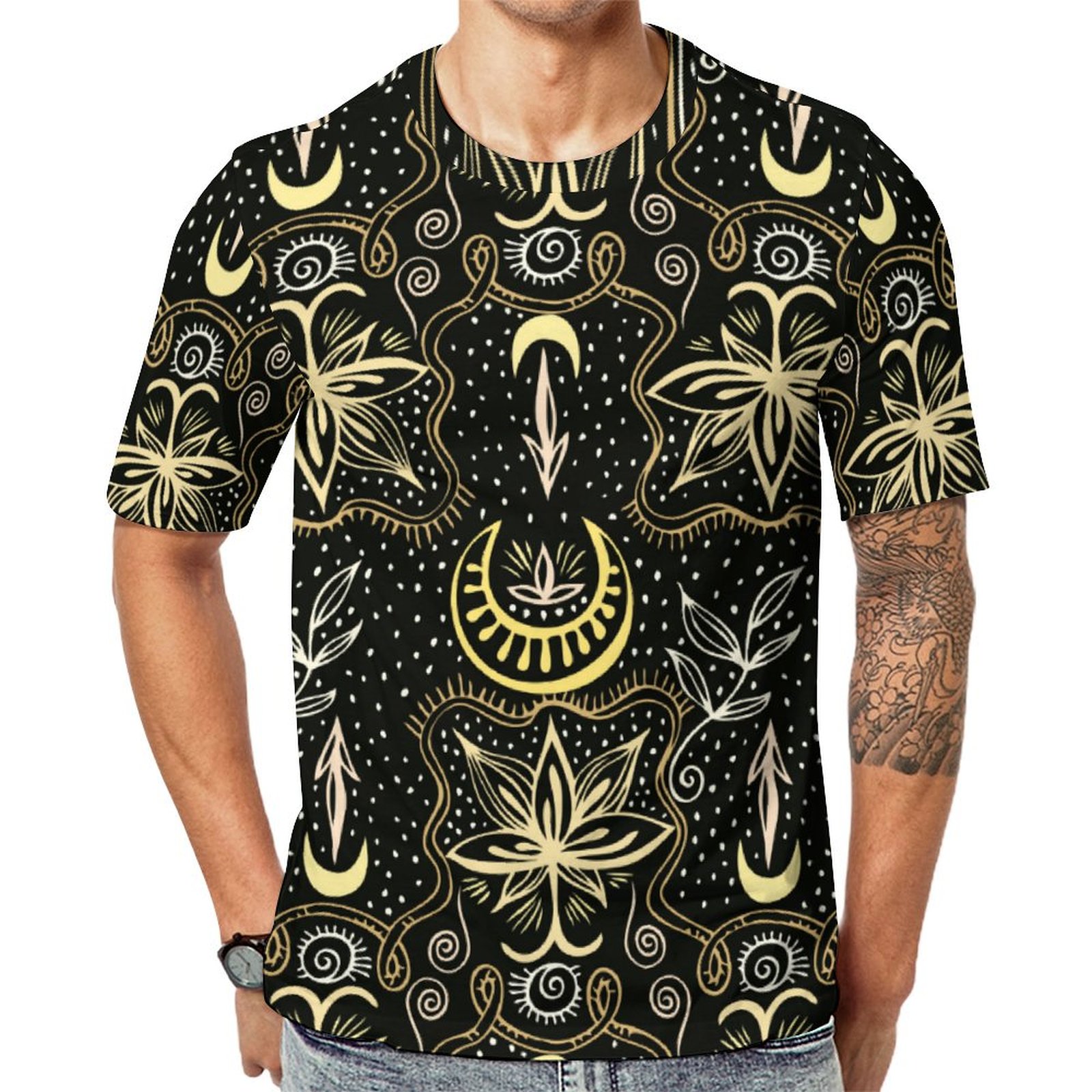 Black Gold Lotuses Crescent Short Sleeve Print Unisex Tshirt Summer Casual Tees for Men and Women Coolcoshirts