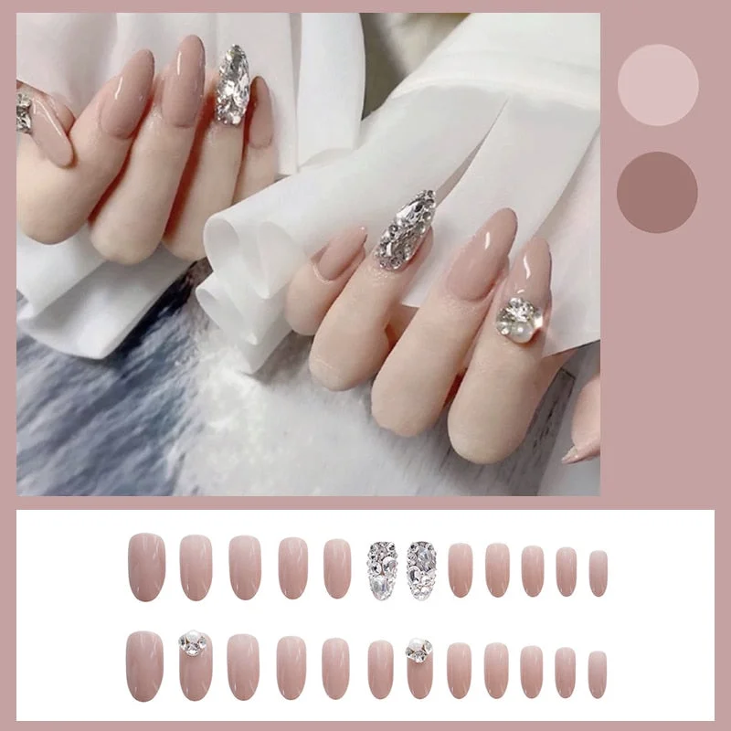 24pcs Pink Diamonds Wear Long Paragraph Fashion Manicure Patch False Nails Save Time Wearable Nail Patch TY