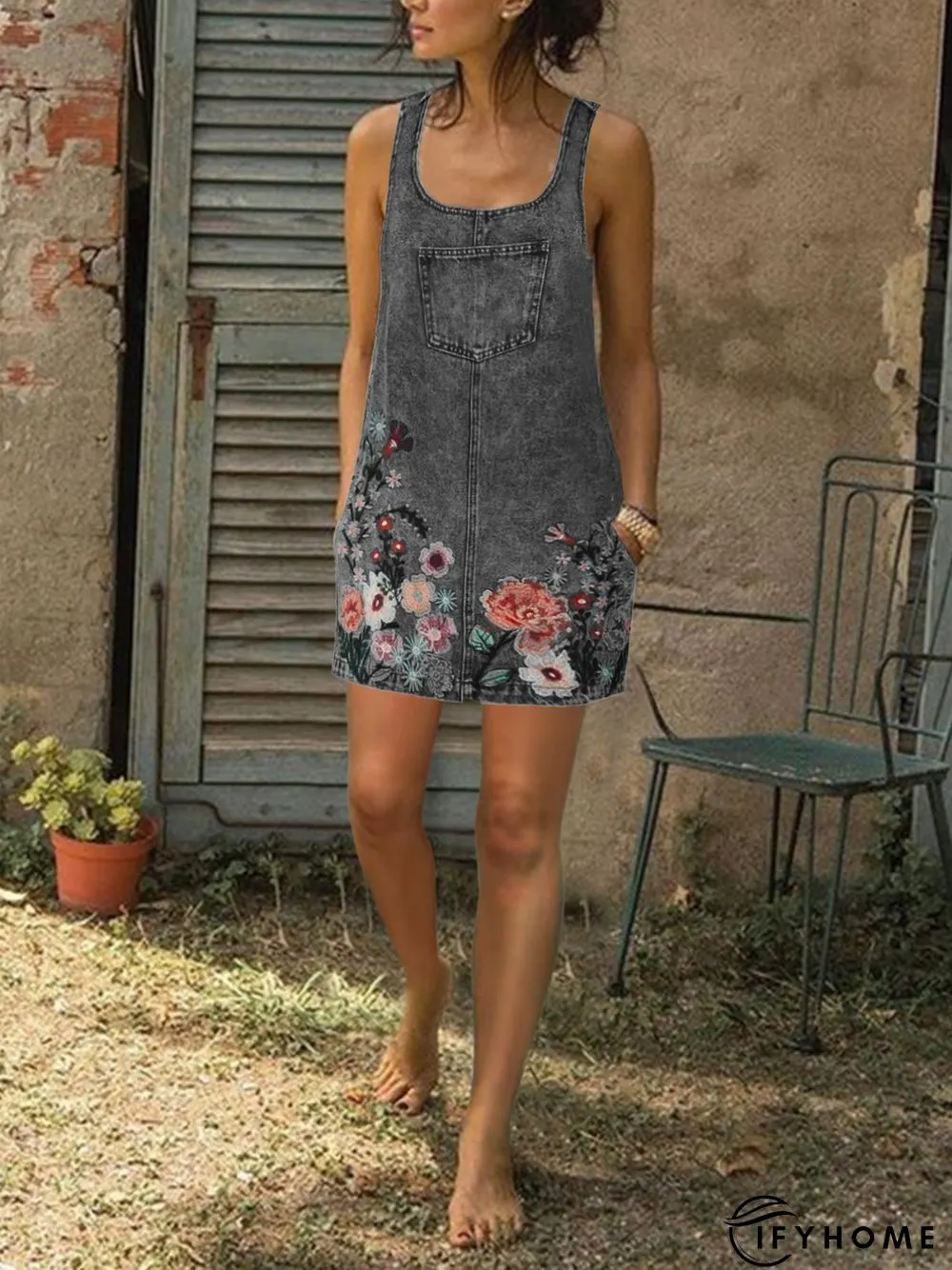 Floral Denim strap dress | IFYHOME