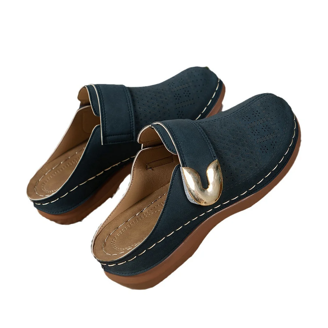 Yyvonne Bag Head Flat Bottom Leisure Half Slippers Women 2025 New Solid Color Slope And Metal Buckle Beach Slippers