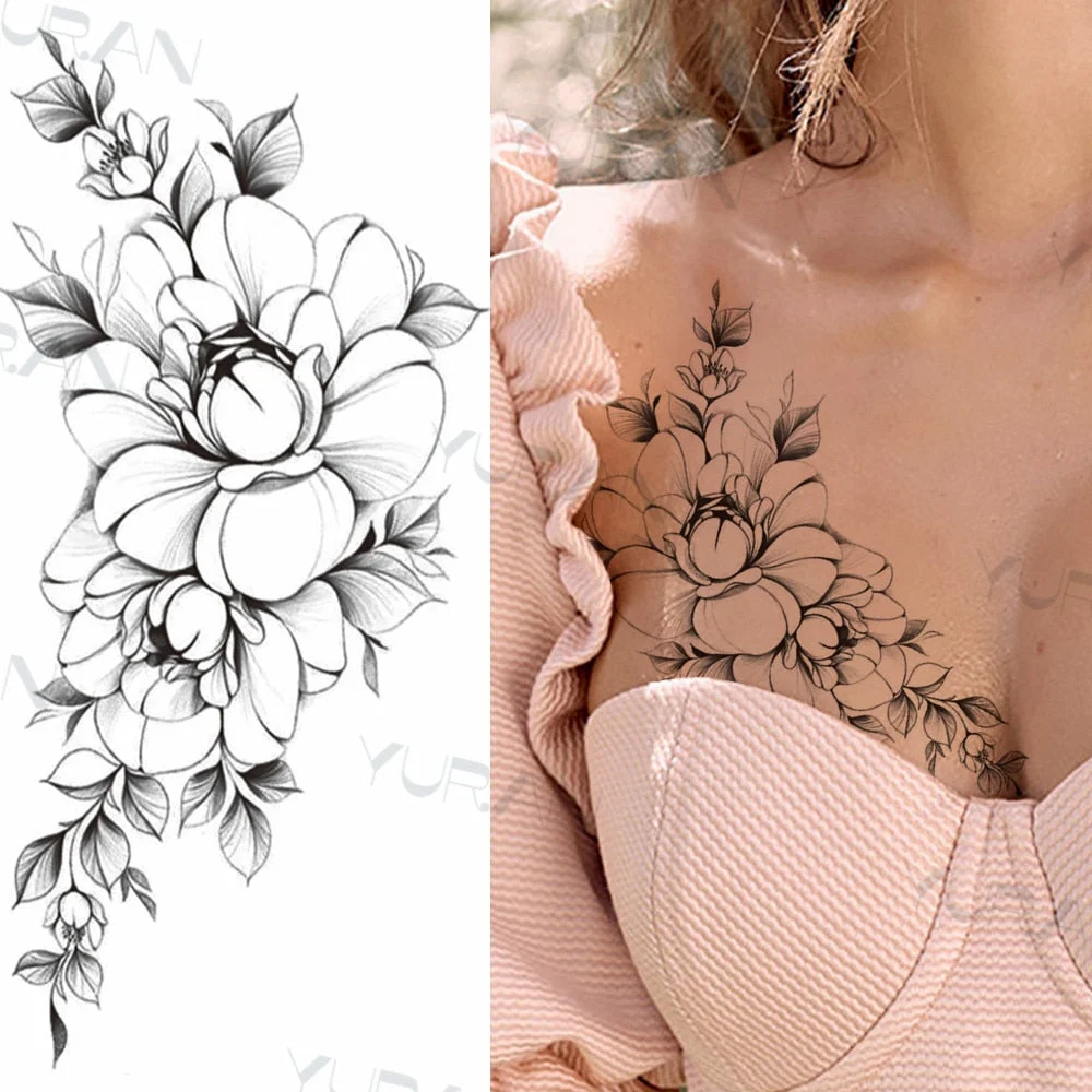 Black Large Snake Flower Fake Tattoo Sticker For Women Dot Rose Peony Temporary Tattoos DIY Water Transfer Tatoos Girls 530