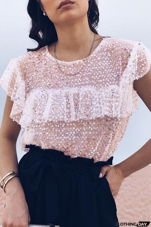 Ruffles Sequin Short Sleeve T Shirt