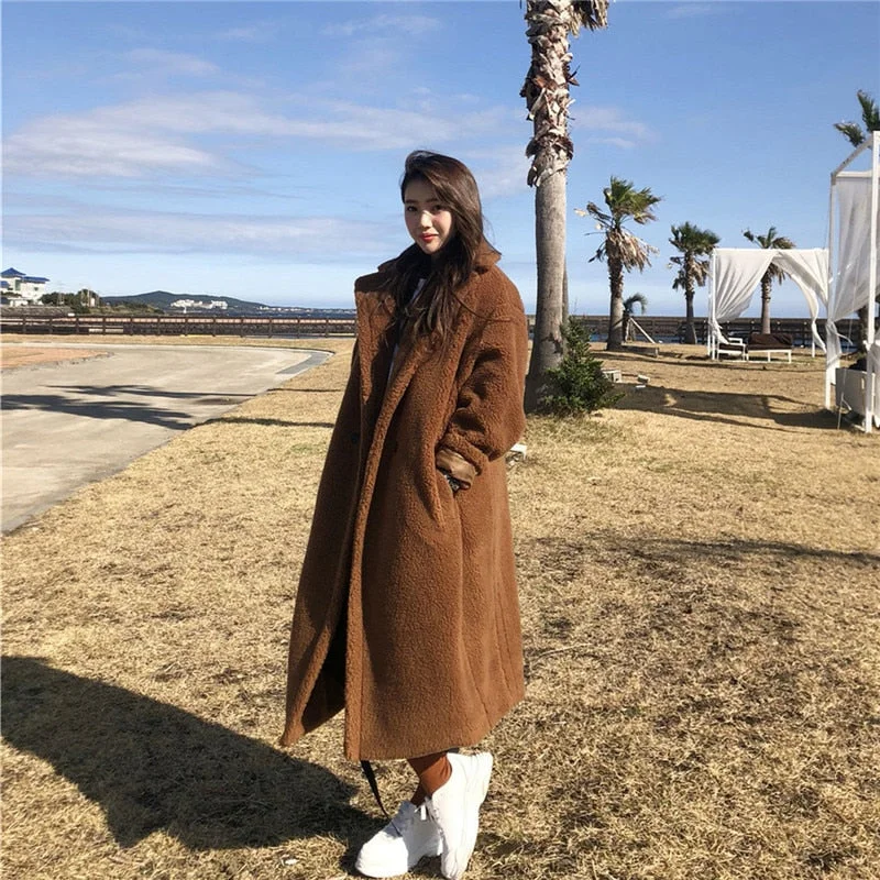 Winter Women Solid Fur Coat Long Sleeve Casual Fleece Jacket Female Turn Down Collar Long Teddy Coat Outerwear
