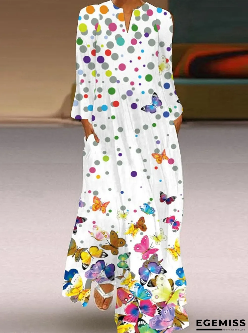 Butterfly Print V-Neck Long Sleeve Dress White Dresses | EGEMISS