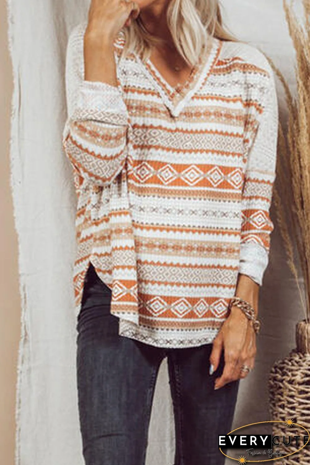 Orange Geometric Print V Neck Long Sleeve Top