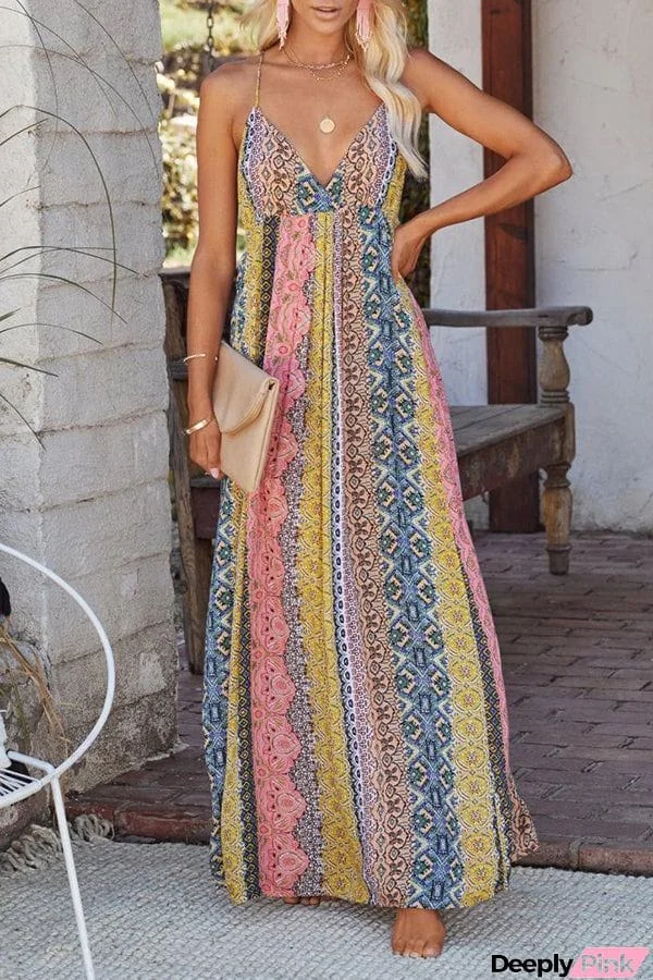 V Neck Open Back Boho Suspender Maxi Dress