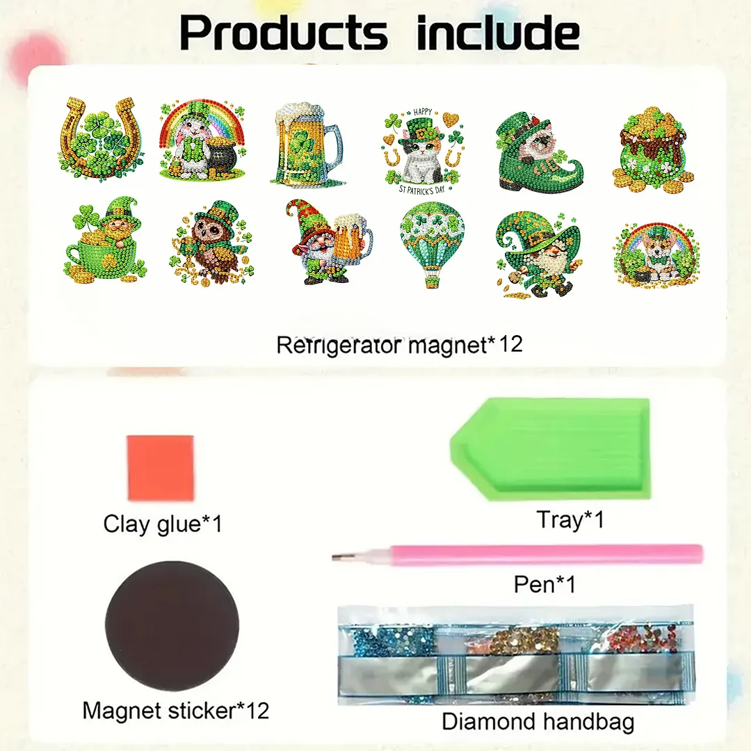 12Pcs Happy St Patricks Day DIY Diamond Art Fridge Magnet Refrigerator Sticker Diamond Art Stickers Refrigerator Painting Kits for Beginners Adults DIY Craft Gifts Home Decors