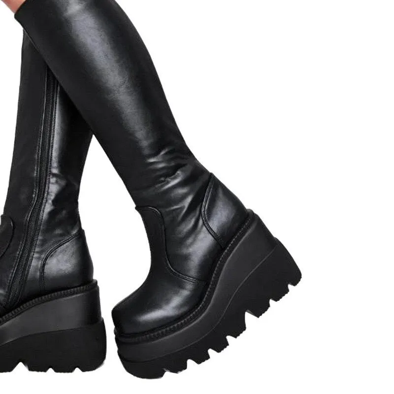 PU Leather zipper Black Mid Calf Women's Boots High Heel Platform Boots Women Wedge Motorcycle Boots Flat Shoes For Women 2021