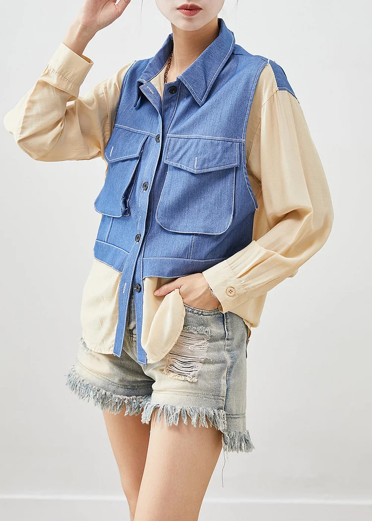 Chic Apricot Oversized Patchwork Cotton Fake Two Piece Shirt Top Fall