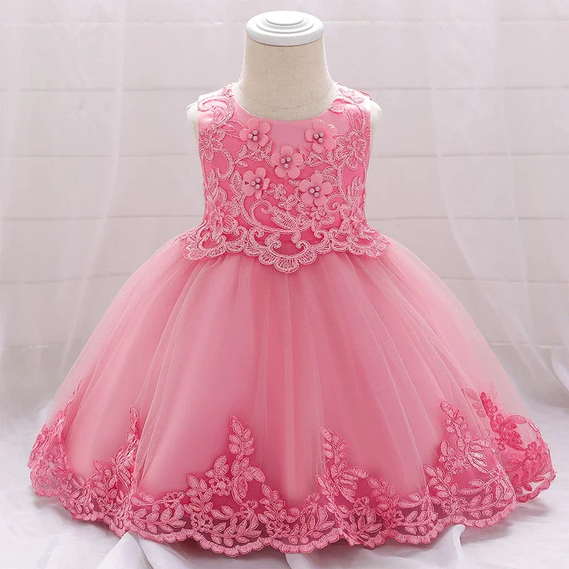 Uveng Pink Lace Baptism Baby Girl Dresses Party Wedding Evening 1st Birthday Kids Prom Princess Toddler Clothes 18 24 Month