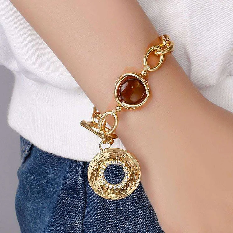 Flashbuy Vintage Natural Stone Metal Chain Bracelets Big Round Alloy Thick Chain Bracelets  Jewelry Gift
