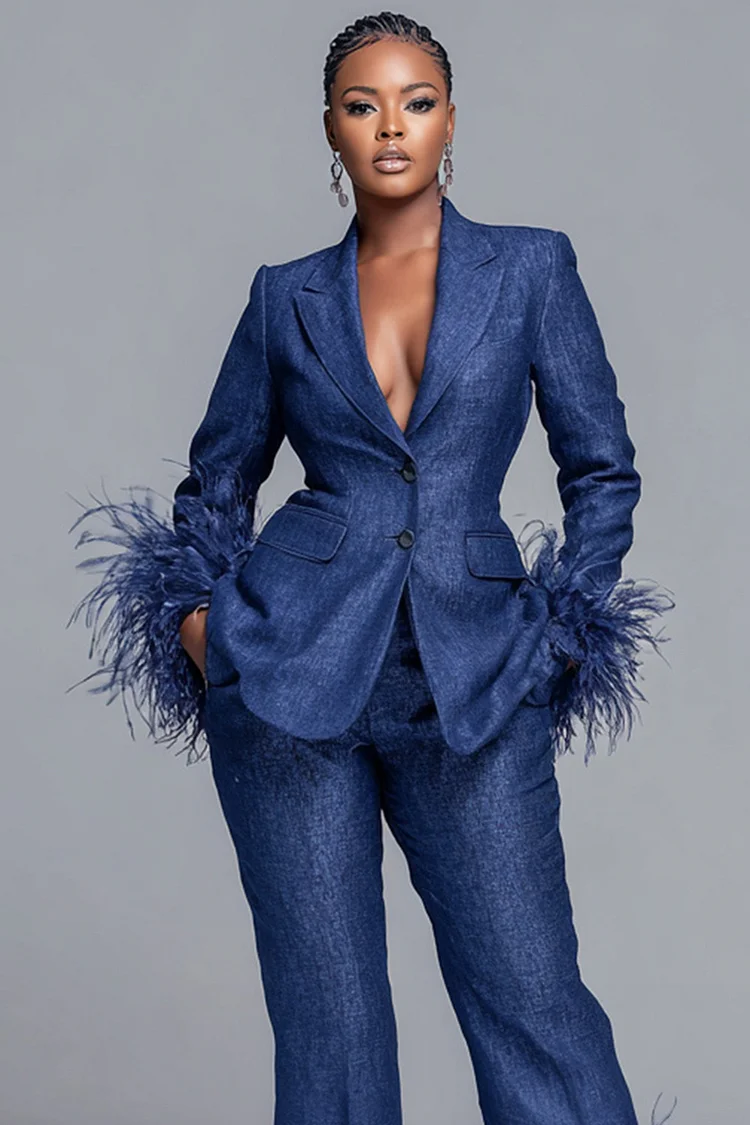 Xpluswear Design Plus Size Formal Blue Lapel Collar Long Sleeve Feather Elegant Tencel Denim Two Piece Pant Suits [Pre-Order]