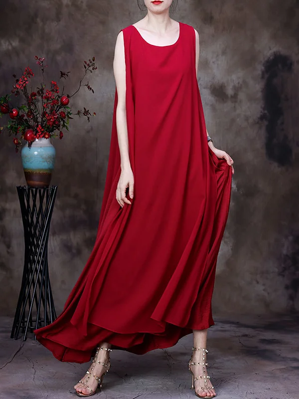 Roomy Sleeveless Pure Color Round-Neck Midi Dresses
