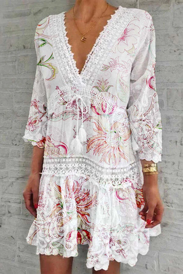 V-neck Printed Three-quarter Sleeve Cutout Mini Dress