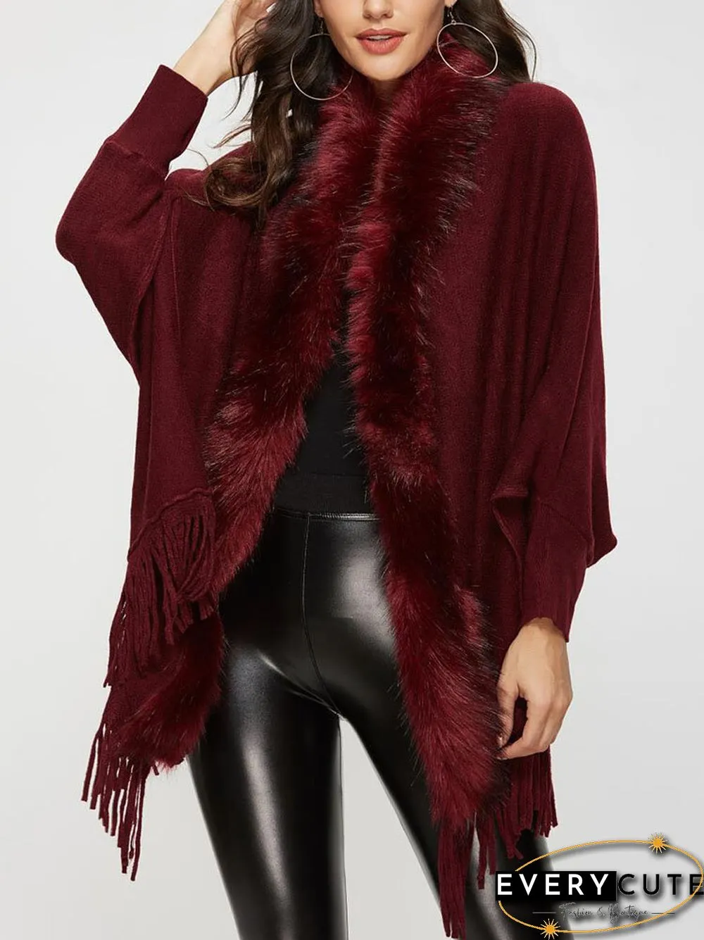 Solid Fringe Hem Dolman Sleeve Open Front Cape Cardigan