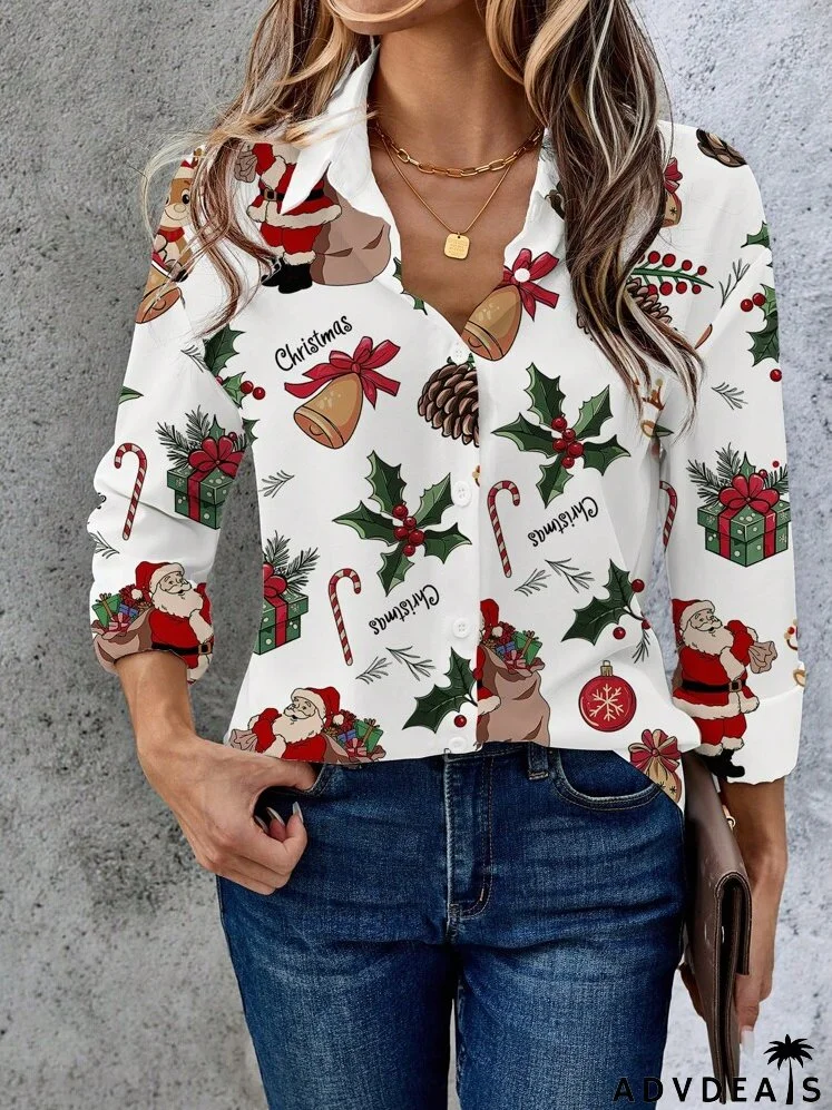 Casual Minimalist Christmas Element Graphic Loose Button-Down Shirt, Long Sleeve For Women, Suitable For Autumn And Winter