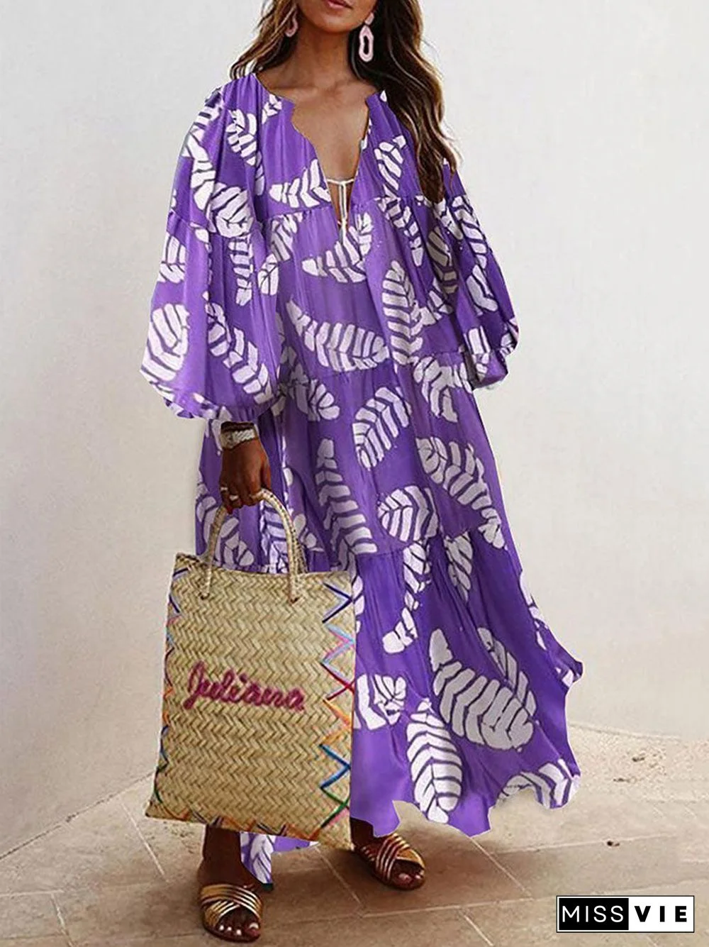 White Leaves Printed Women Purple Long Dress