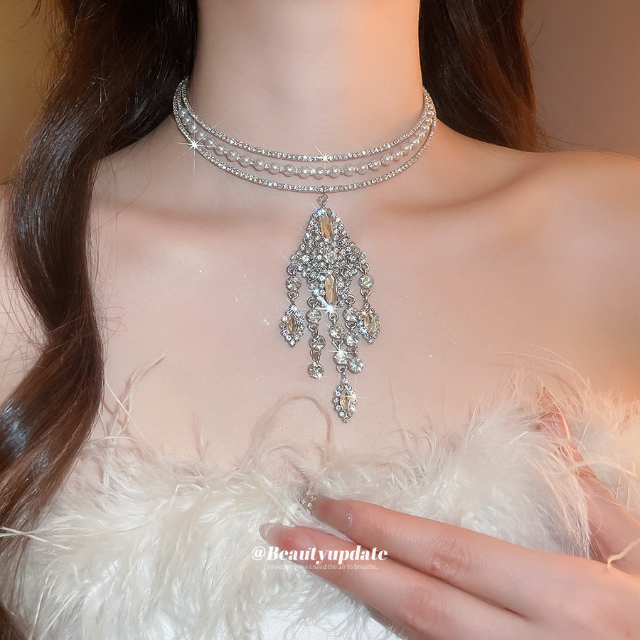 European and American style diamond-encrusted tassel pearl choker minimalist style trendy and versatile clavicle chain light luxury and high-end necklace for women