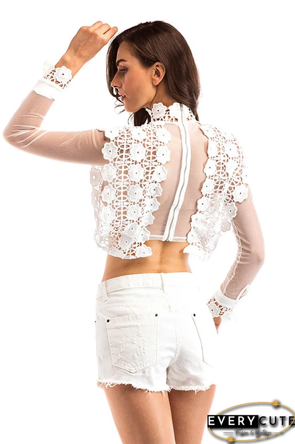 White High Neck Lace Cut Out Top With Long Sleeves