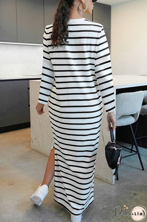 Meridress Round Neck Side Slit Striped Maxi Dress