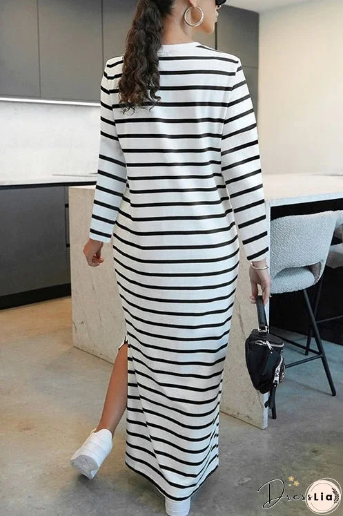 Meridress Round Neck Side Slit Striped Maxi Dress
