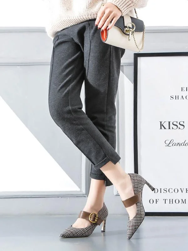 Shallow pointed toe stiletto heels with metal buckle plaid high heels