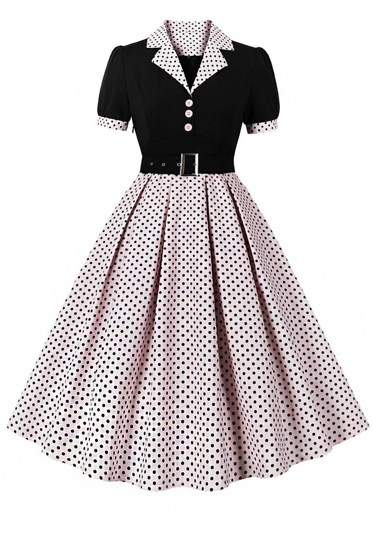 1950s Pink Formal Patchwork Polka Dot Lapel Pleated A-line Midi Dress (With Belt)