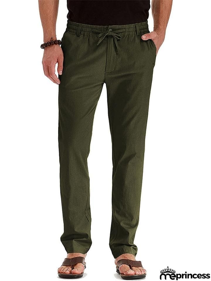 Men's Elastic Drawstring Waistband Casual Straight Cotton Pants