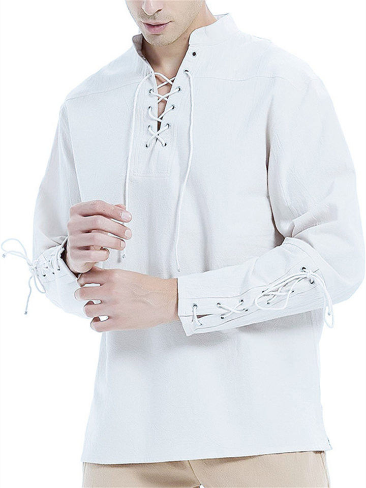 Men's New Cotton Hemp Henley Shirt Long-sleeved Casual Stand-up Collar Shirt