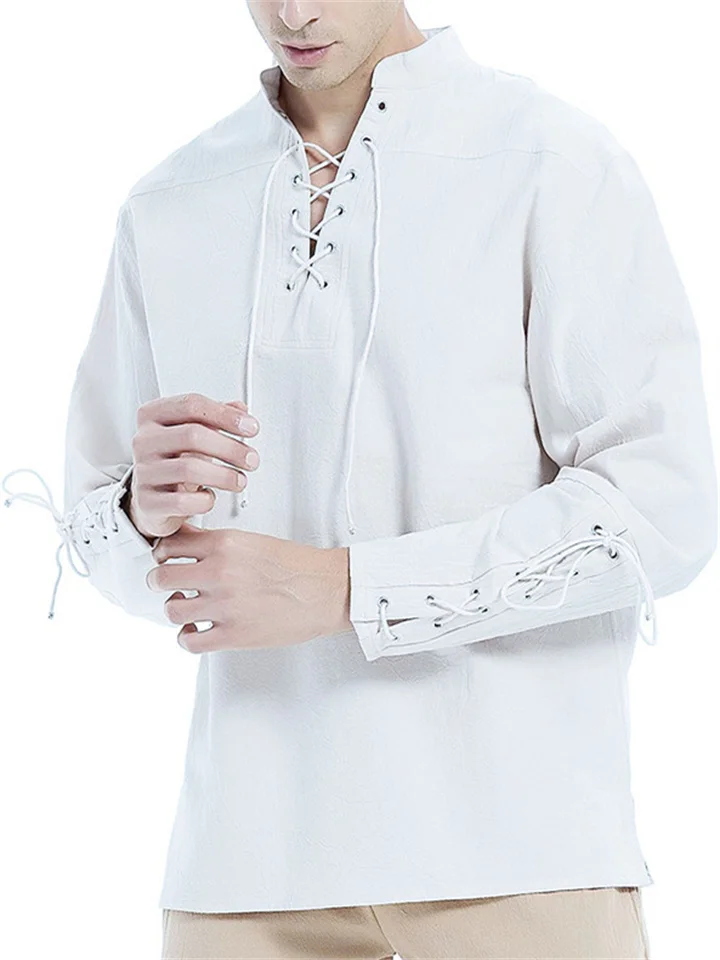 Men's New Cotton Hemp Henley Shirt Long-sleeved Casual Stand-up Collar Shirt-JRSEE