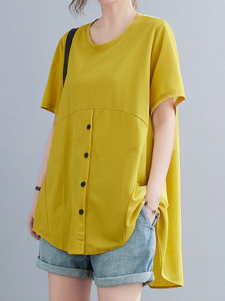 Solid Button Front High low Short Sleeve Plus Size Casual T shirt P1845468