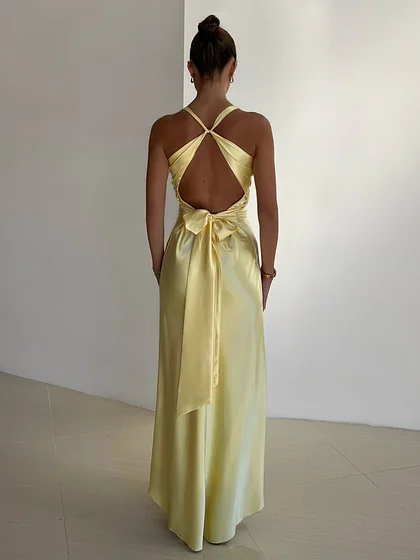 Joystickhouse stylish dresses women 2025 Satin Sexy Backless Ruched Women Maxi Dress Yellow Sleeveless High Waist Dress Summer Skinny Elegant Party Clubwear