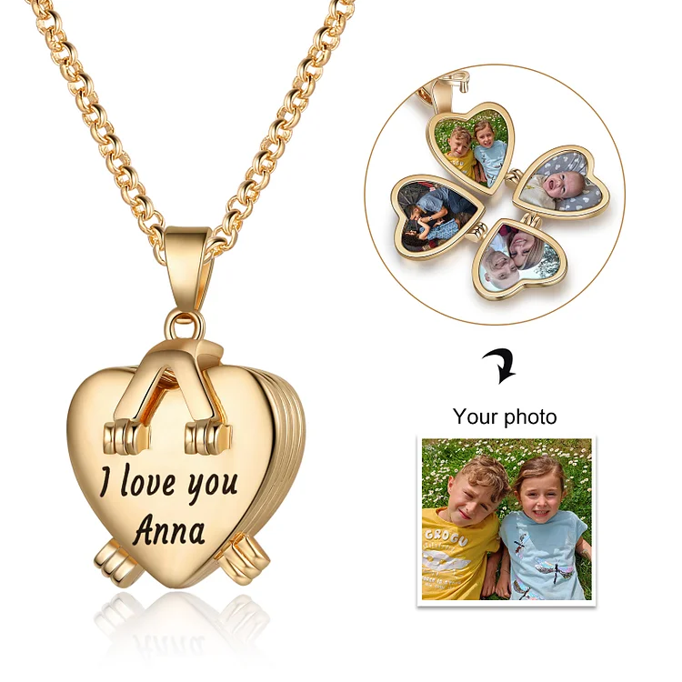 Collar de corazón personalizado de 4 fotos con texto