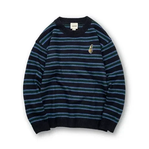 Traceeye Autumn Winter Japanese Classic Striped Knitted Sweaters for Men's O-neck Long-sleeved Thickened Warm Loose Casual Pullovers Tops