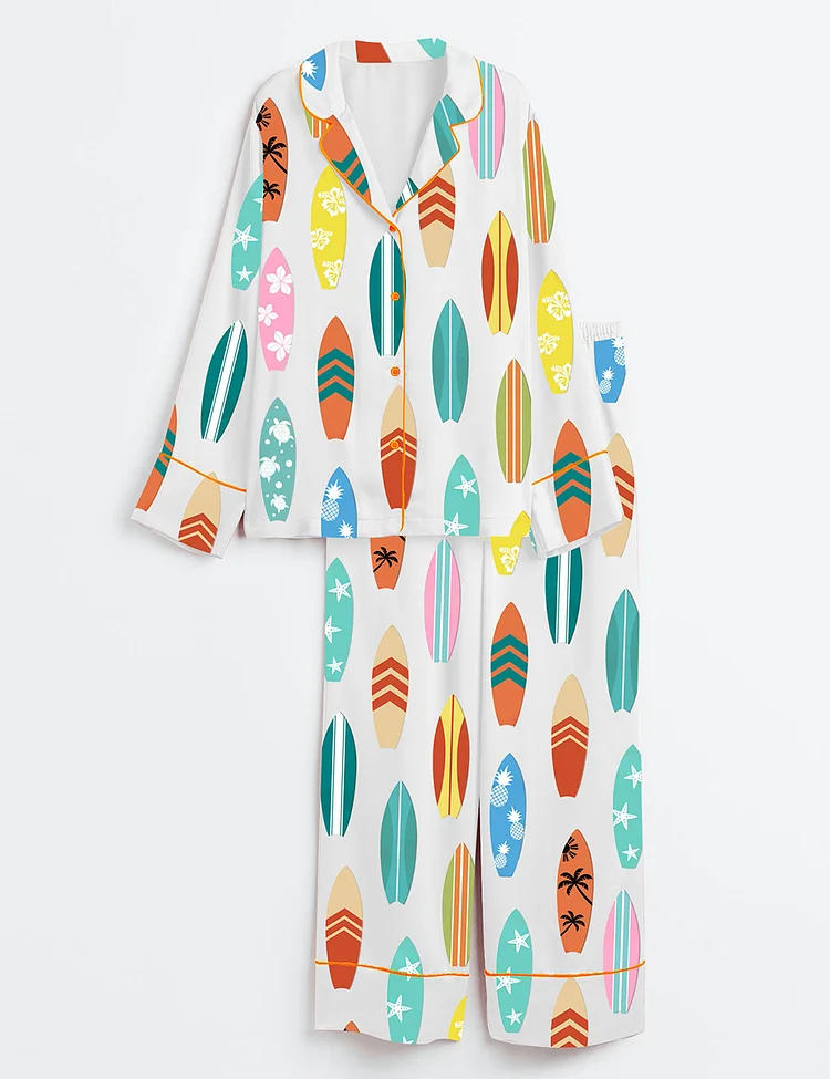 Women&rsquo;s Surfboard Beach Wave Hawaii Surf Summer Beach Life Print Long Sleeve Satin Pajama Set