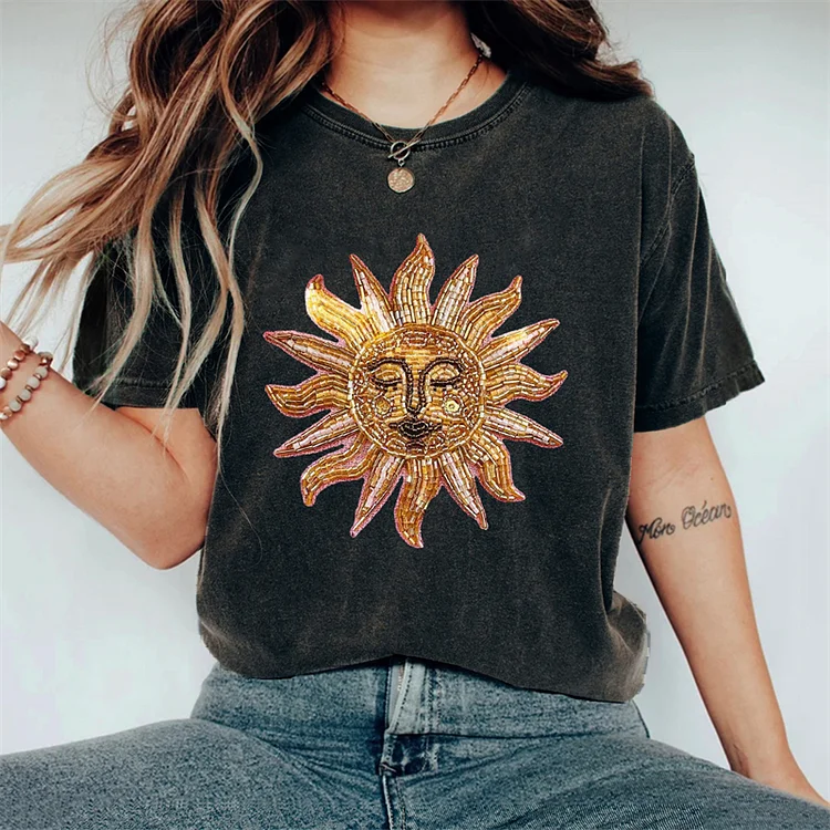 VChics Litha Boho Sun Glitter Beaded Embroidered Washed T Shirt