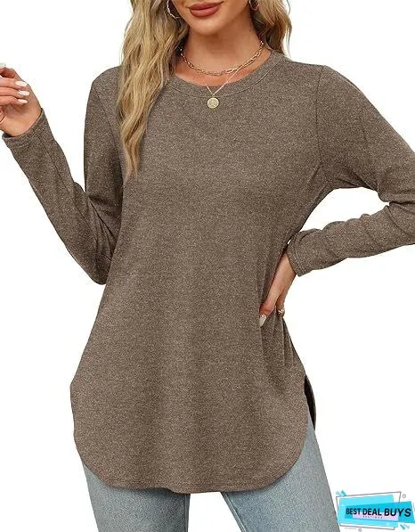 Solid Color Asymmetrical Hem Long Sleeve Crew Neck Pullover