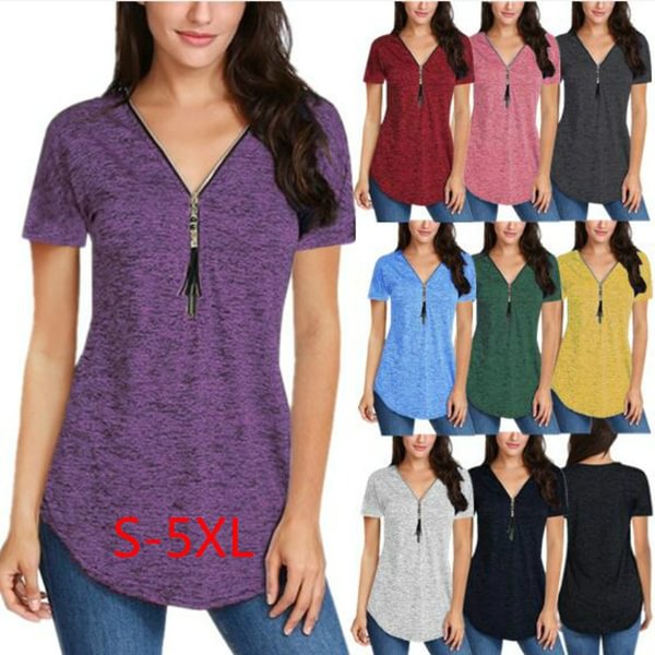 Summer Women's Fashion V-Neck Short-Sleeve Zipper Shirt Casual Loose T-Shirt Tops - Shop Trendy Women's Clothing | LoverChic