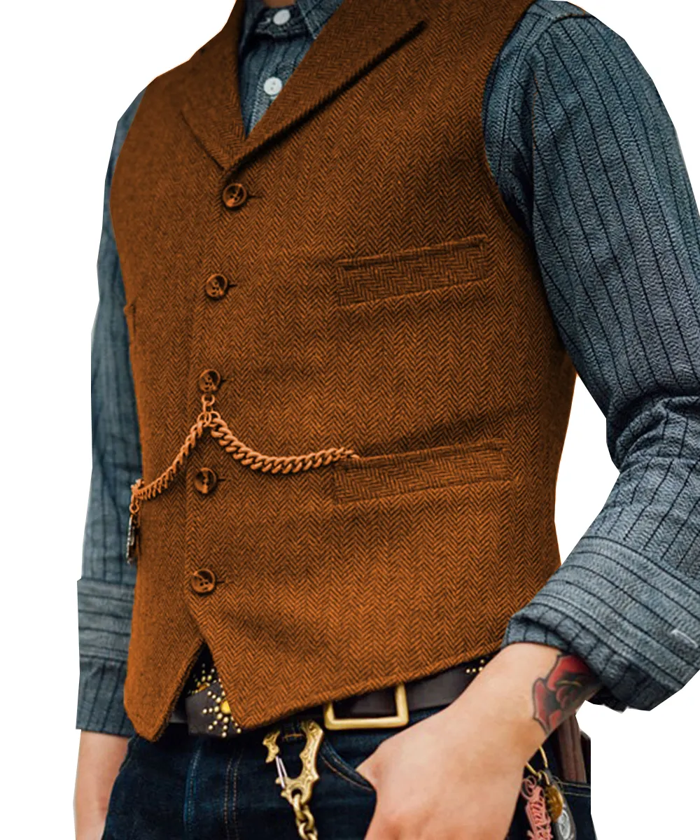 Men's Lapel V Neck Wool Herringbone Casual Waistcoat Formal Groomsman Business Suit Vest For Wedding