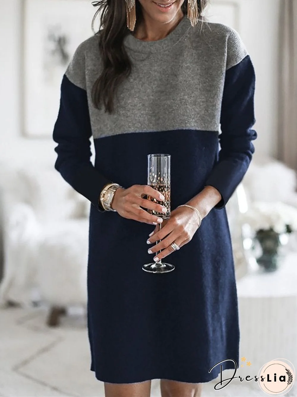 Crew Neck Color Block Long Sleeves Loosen Dresses