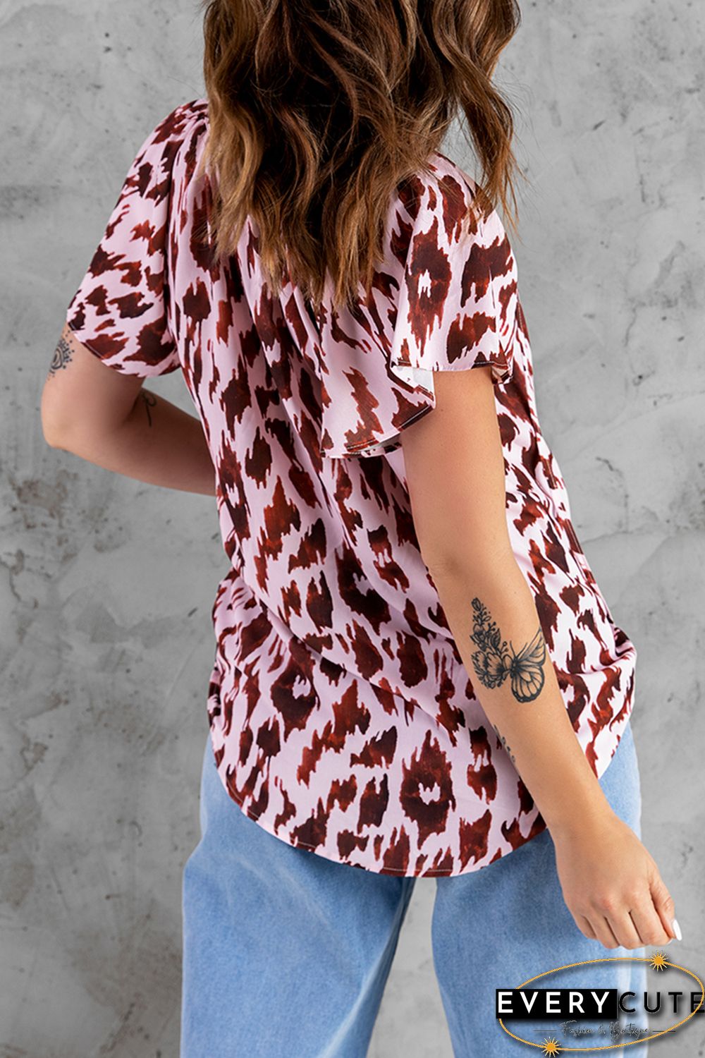 Leopard Print Flounce Drawstring Short Sleeve T-shirt