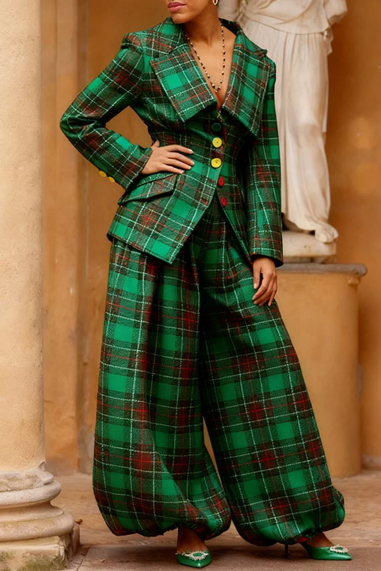 Plus Size Christmas Green Plaid Turndown Collar Long Sleeve Pocket Elegant Jogging Two Piece Pant Sets [Pre-Order]