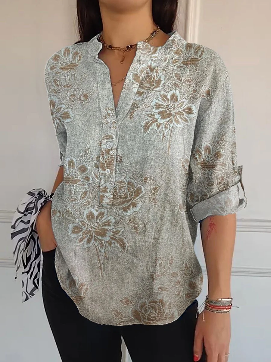 Women's Flowers Art  Print Casual Long Sleeve Comfortable Cotton Shirt