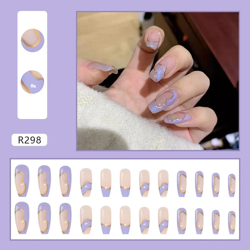 24PCS Shiny Crystals Nail Patch Sweet Style Glue Type Removable Long Paragraph Manicure Save Time False Nail Patch SANA889-Nail Inspo