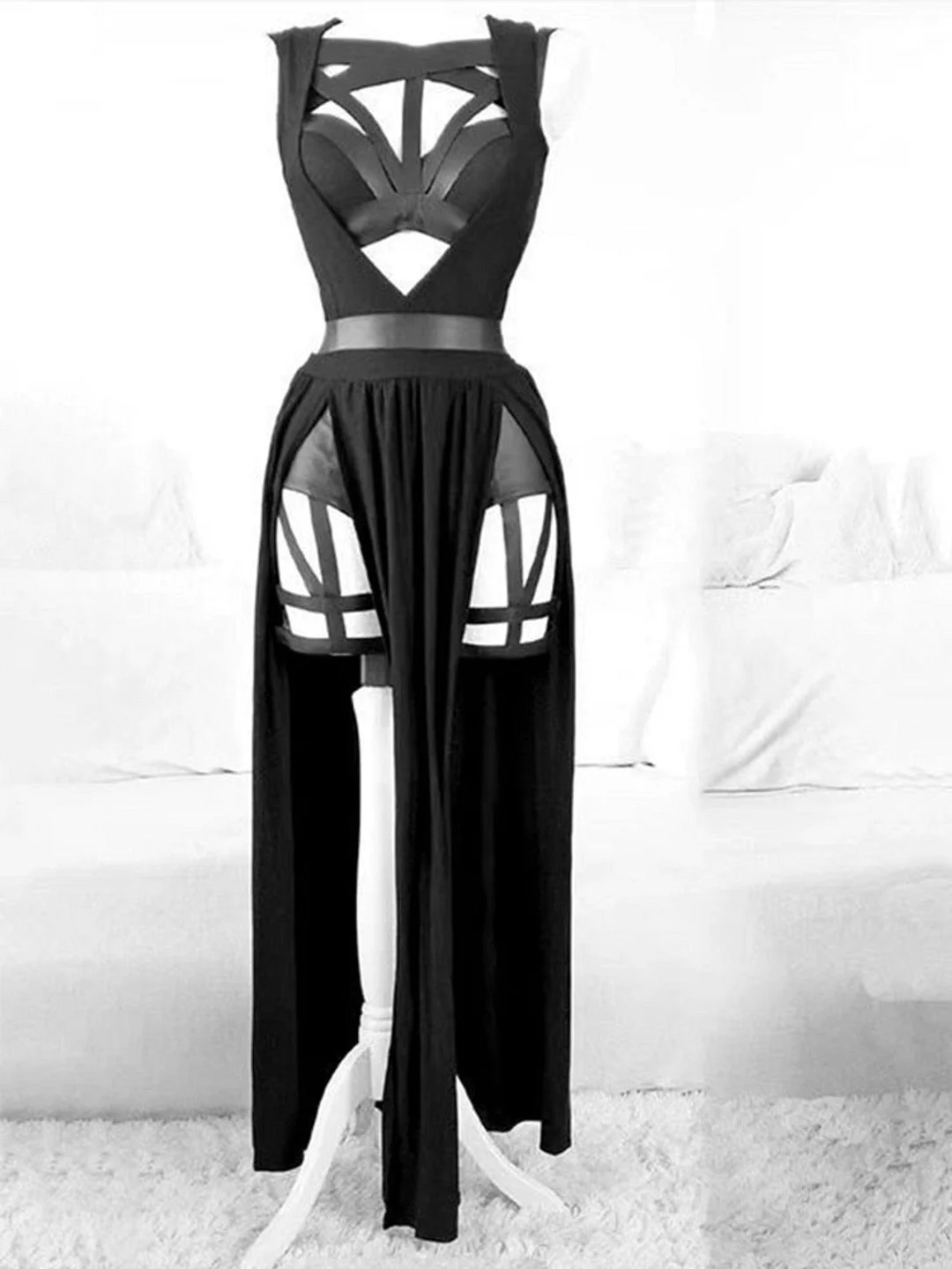 Gothic Bandage Bustier Top and Double Slit Skirt 4-piece Set in Black