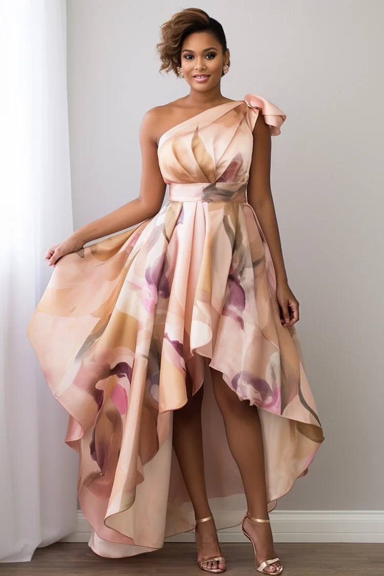 Xpluswear Design Plus Size Cocktail Party Champagne All Over Print Oblique Collar One Shoulder Asymmetric Hem Vintage Midi Dresses [Pre-Order] 2024 - Xpluswear