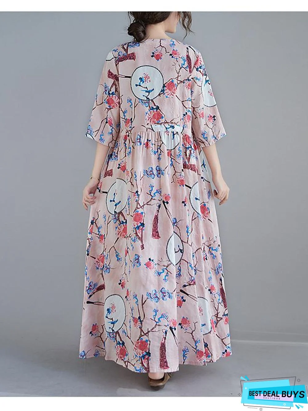 Women's Swing Dress Maxi Long Dress 3/4 Length Sleeve Floral Spring Summer Casual Blushing Pink Light Blue
