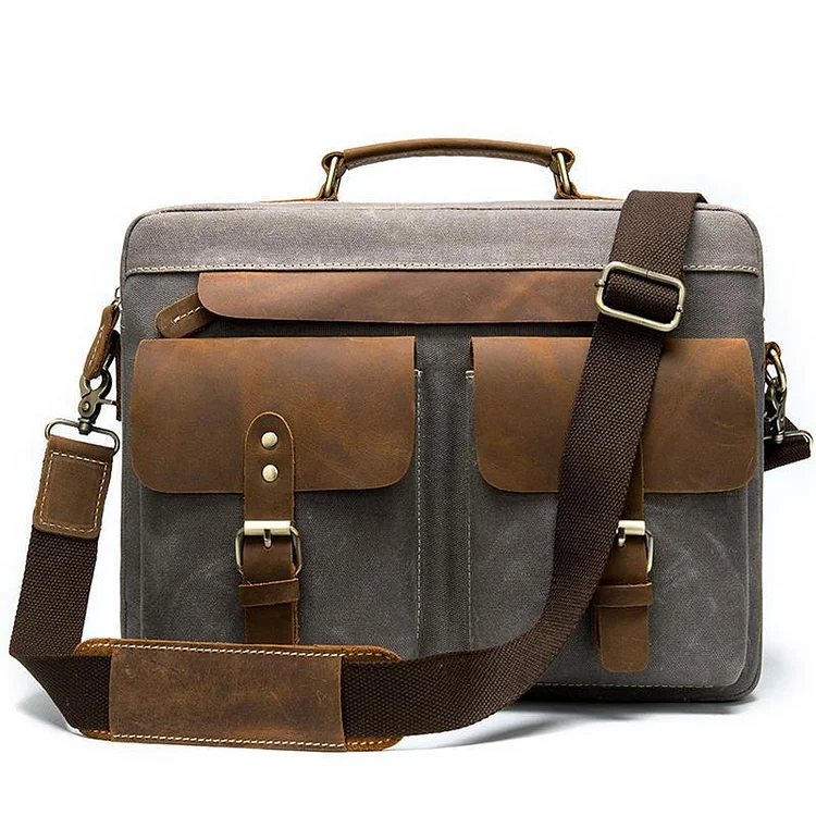 Men's Retro Handbag Leather Canvas Business 14 Inch Computer Bag Crossbody Bag