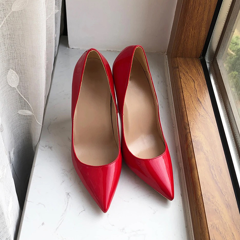 VCshoes 10 12cm Red Woman High Heels Patent Leather Pointed Toe Shallow Stilettos Pumps Wedding Party Bridemaids Dress Shoes