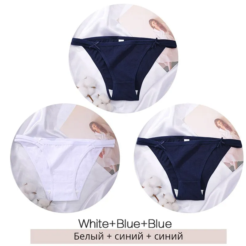 FINETOO M-2XL Bow Cotton Panties 3Pcs/set Women Briefs Girls Plus Size Underpants Low-rise Hollow Underwear Female Lingerie 2021